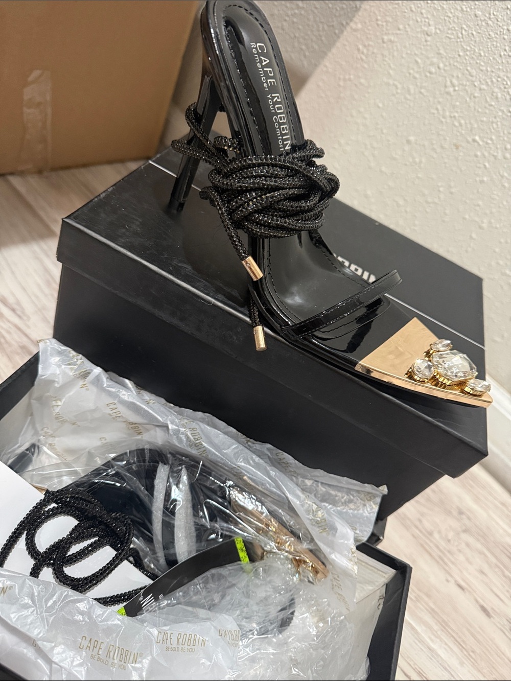 Glitter lace up Black Patent Stiletto Mules with Gold Toe Accent